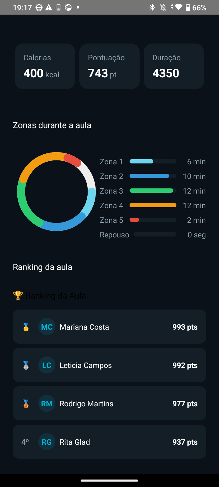 Histórico de treino do aluno no app PulseGO